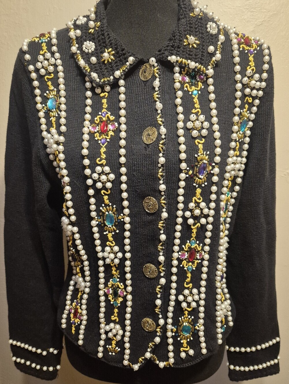 Vintage MICHAEL SIMON Sweater CARDIGAN Ramie & Cotton BLACK Sz S BEADED Jeweled